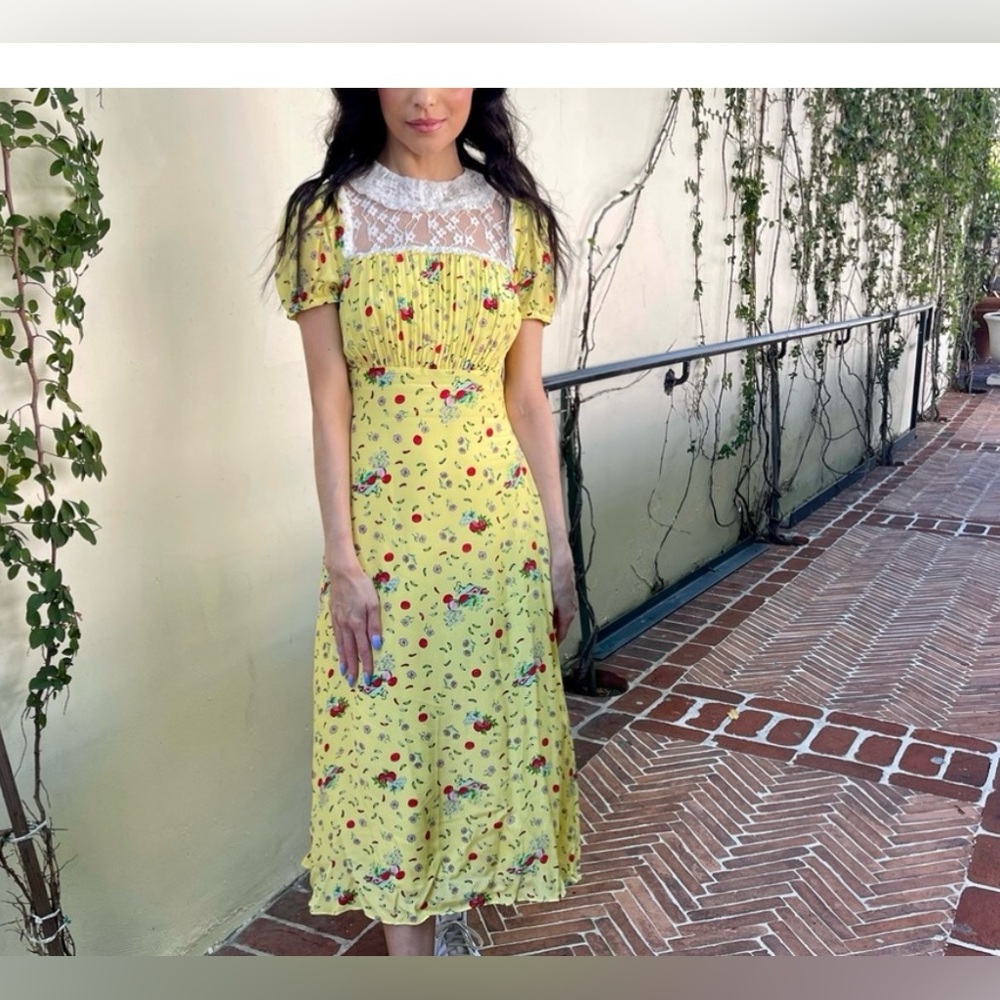 HVN Lace panel printed crepe de chine midi dress